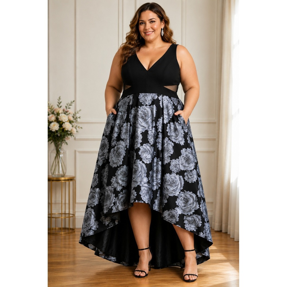 Xscape Jersey Brocade High Low Gown Sz 16 Black Gray Roses Pockets Floral Formal